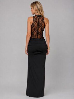Black Lace-Back Maxi Dress - Women's Elegant Evening Gown